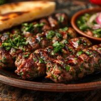 A plate of savory lamb kofta, served with pita bread.
