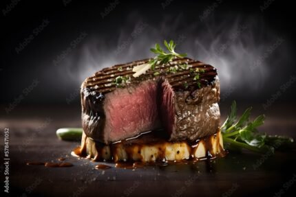 Delicious steak with sauce. Generative AI