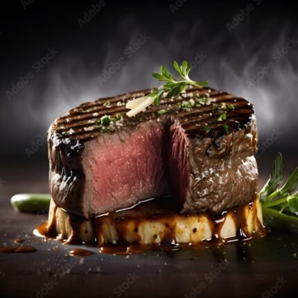 Delicious steak with sauce. Generative AI
