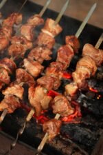 food, picnic, shish kebab, meat, brazier, grilled meat, frying, coals, nature, on the nature, summer, skewers