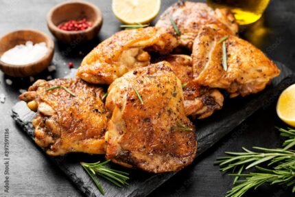 Grilled chicken thighs with spices and lemon.
