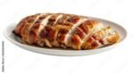 Grilled herb-crusted chicken breast slices, juicy and aromatic protein, ideal for healthy dinner, savory meal on white plate on a transparent background