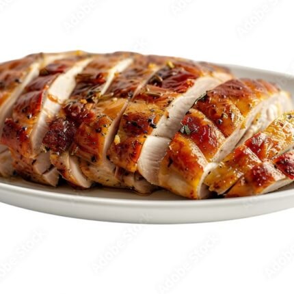 Grilled herb-crusted chicken breast slices, juicy and aromatic protein, ideal for healthy dinner, savory meal on white plate on a transparent background