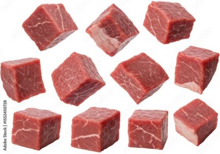 Isolated Raw Beef Cube Meats Diced Red Fresh with Transparent Background