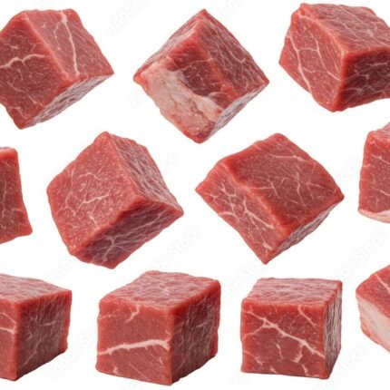 Isolated Raw Beef Cube Meats Diced Red Fresh with Transparent Background