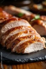 Juicy slices of roasted chicken on dark slate platter highlight