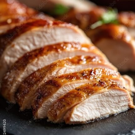 Juicy slices of roasted chicken on dark slate platter highlight