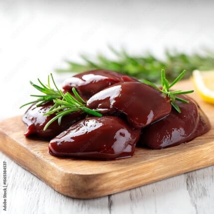 Raw chicken livers with fresh rosemary and lemon slice on a wooden board isolated on white background