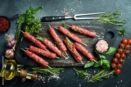 Raw Lyulya kebab with spices and herbs, ready for cooking. On a dark stone background. Top view....