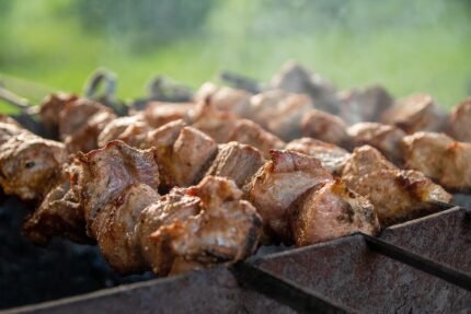 shish kebab, meat, nature, summer, brazier, skewers, frying, food