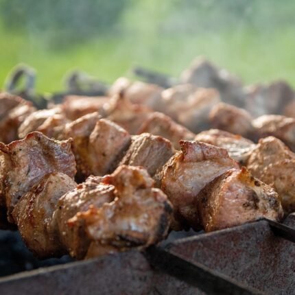 shish kebab, meat, nature, summer, brazier, skewers, frying, food